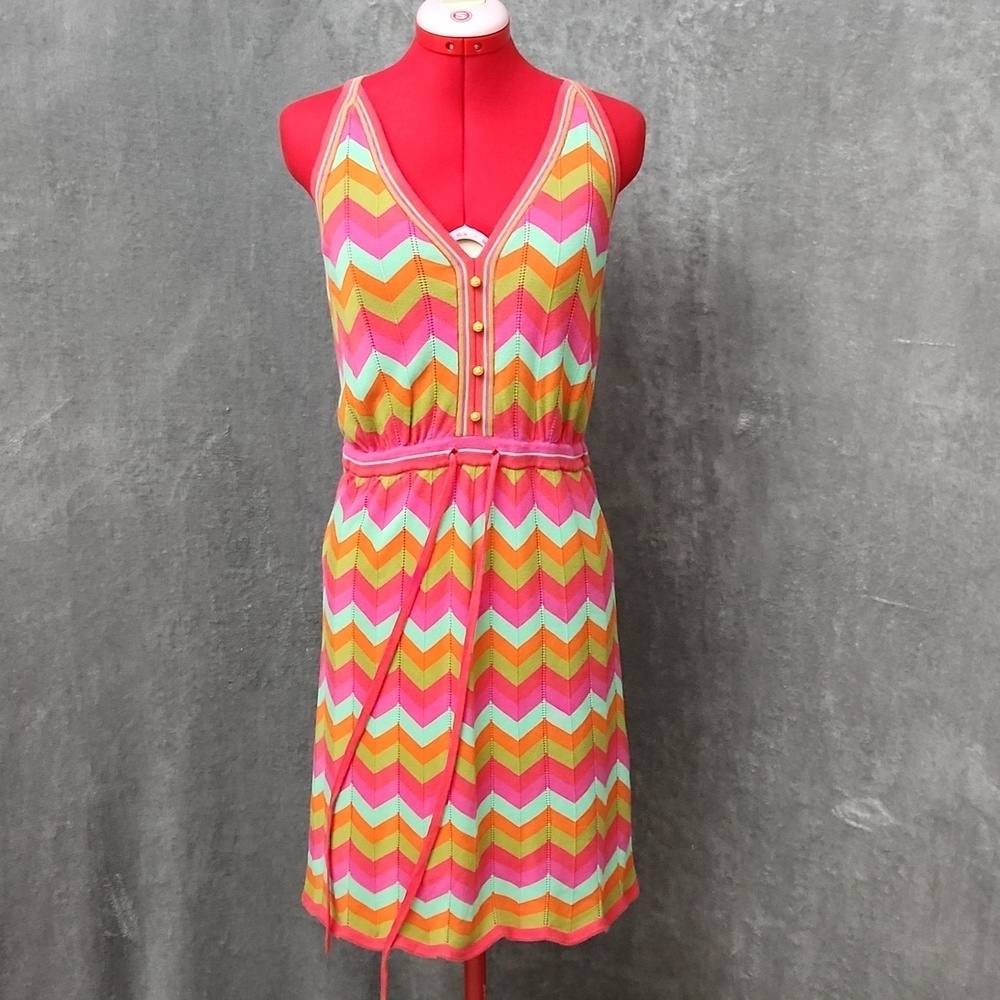 Beth Bowley Chevron Knit Dress Pink Orange Sleeveless V-Neck Size Small
